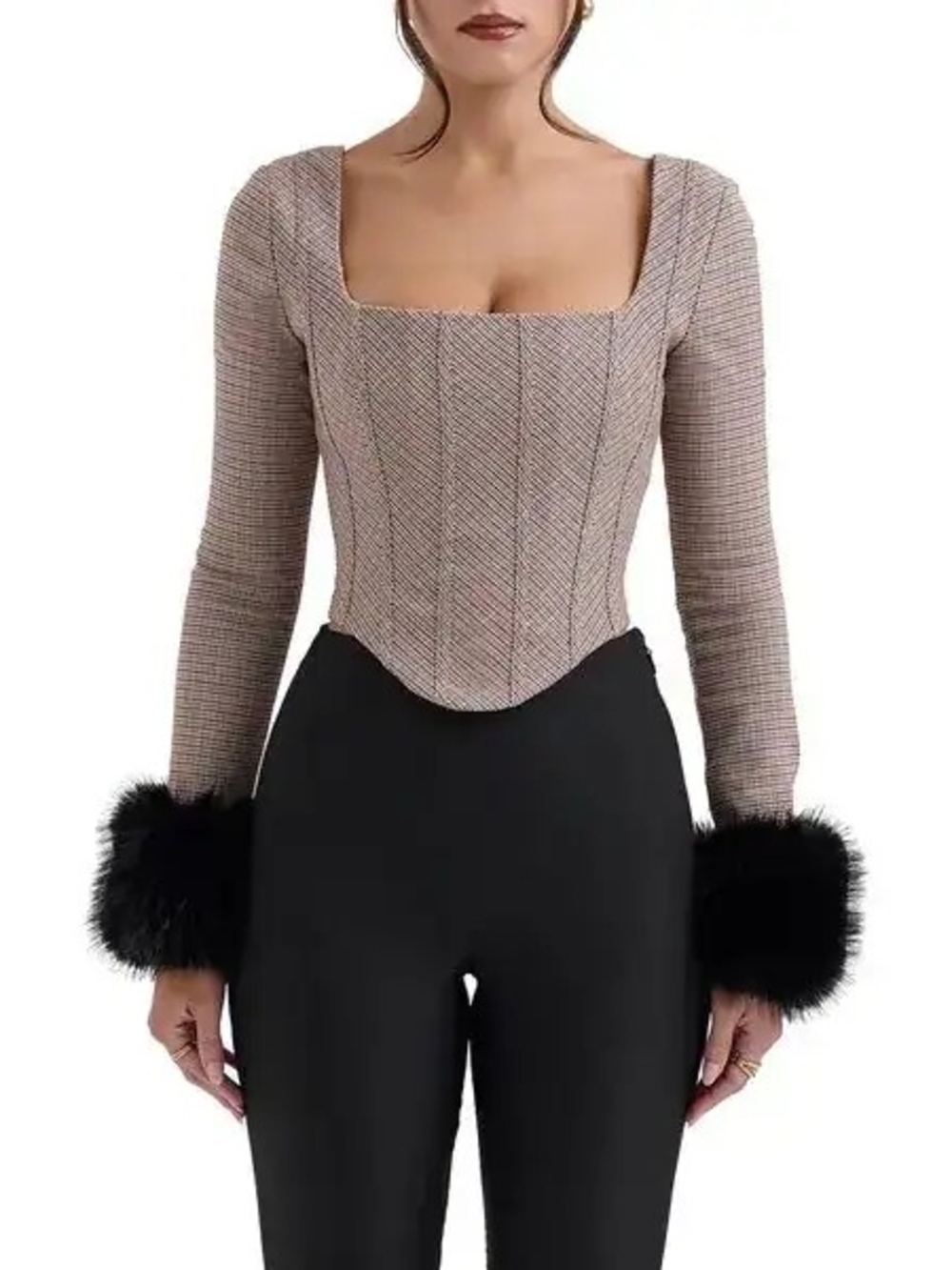 HOUSE OF CB Antonia Microcheck Corset Top Faux Fur Cuffs Size M